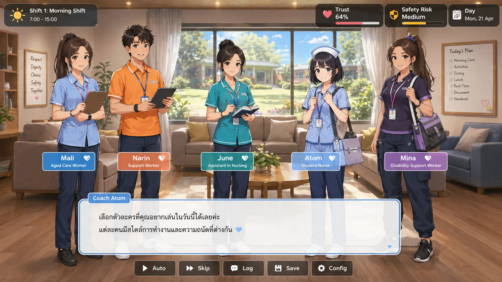 CareShift Simulator visual novel concept with five selectable care worker characters