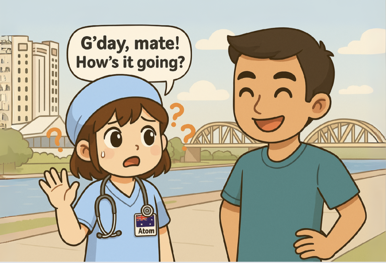 10 Aussie Slang Words to Remember A confused Thai nurse learning Aussie slang words like brekkie and arvo