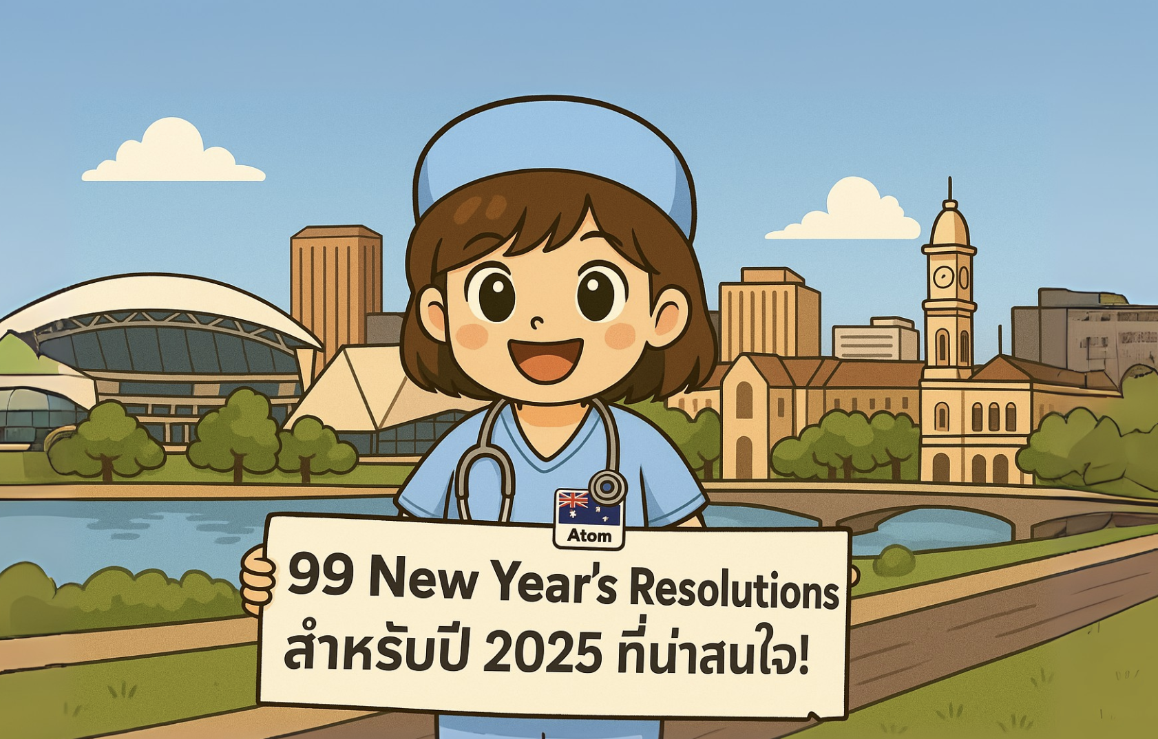 ภาพการ์ตูนแนวอบอุ่นแสดง 99 เป้าหมายปีใหม่ 2025 สไตล์อะตอมเด็กเนิร์ส
