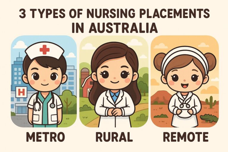 การ์ตูนนักเรียนพยาบาลอะตอมเด็กเนิร์สยืนอยู่ใน Metro, Rural และ Remote พร้อมฉากประกอบหลังแบบออสเตรเลีย