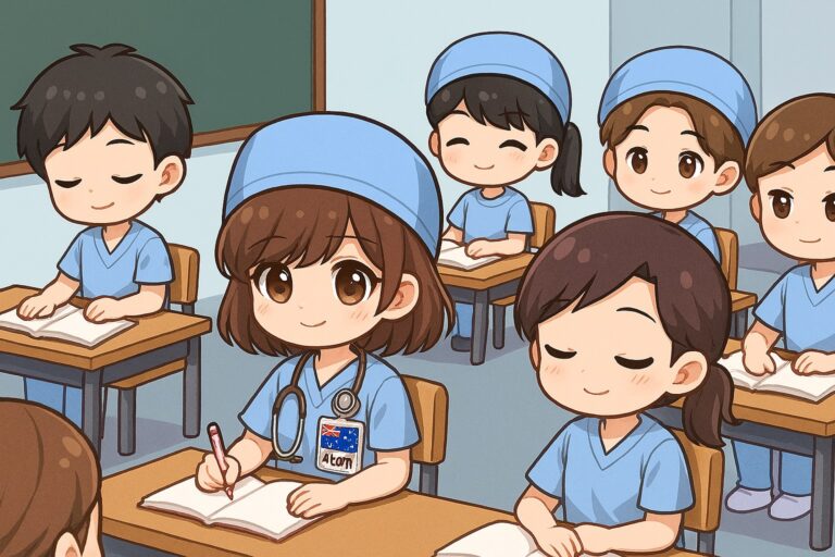ภาพการ์ตูนชิบิ อะตอมเด็กเนิร์สนั่งเรียนกับเพื่อน ๆ ในห้องเรียนพยาบาล ออสเตรเลีย
