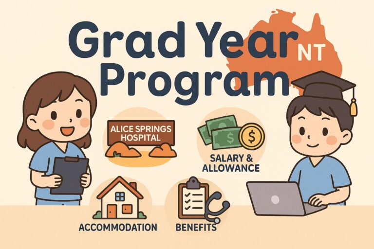 Infographic in Thai about the Grad Year program for new graduate nurses in the Northern Territory, including salary, ward rotation, housing, and benefits.