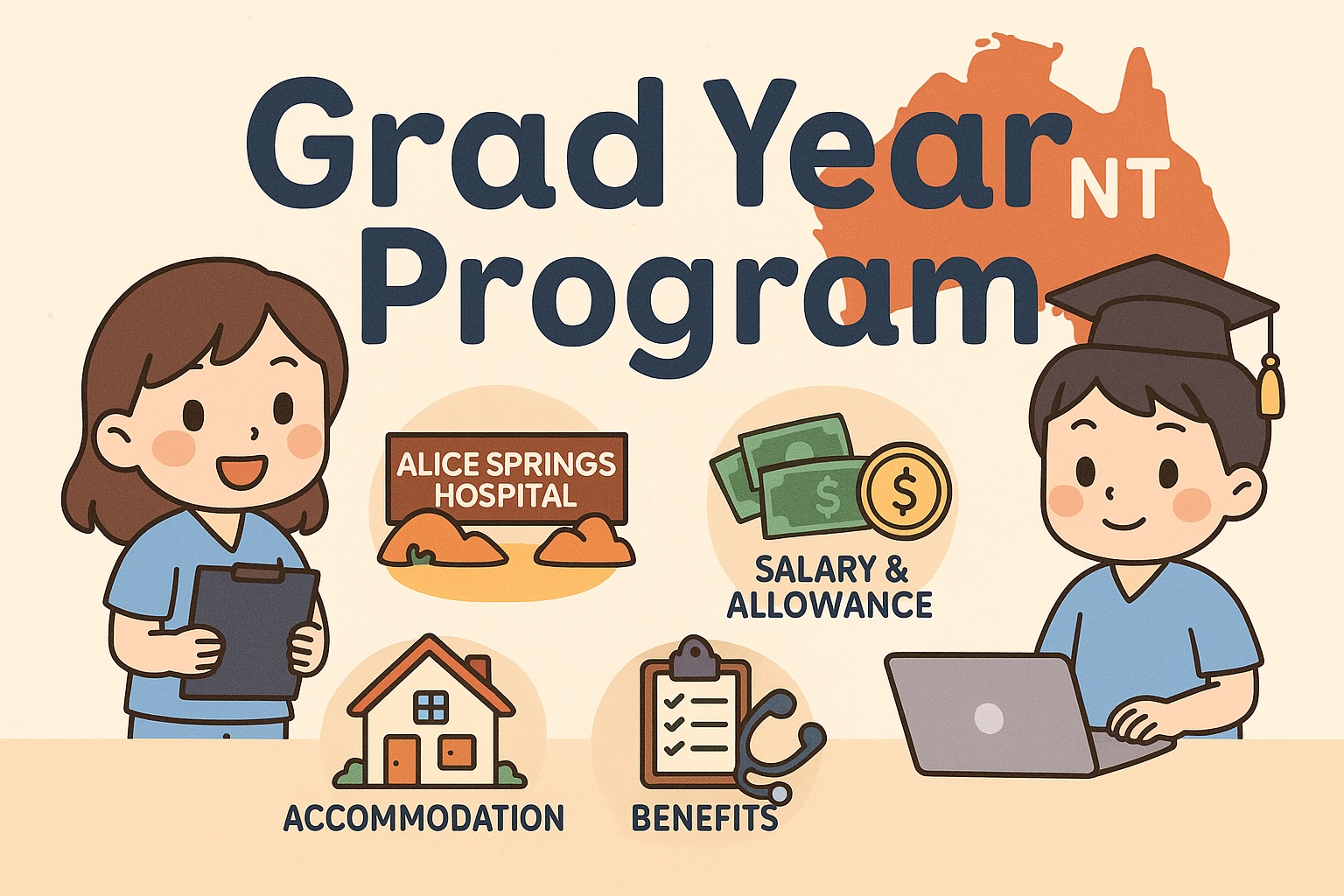 Infographic in Thai about the Grad Year program for new graduate nurses in the Northern Territory, including salary, ward rotation, housing, and benefits.