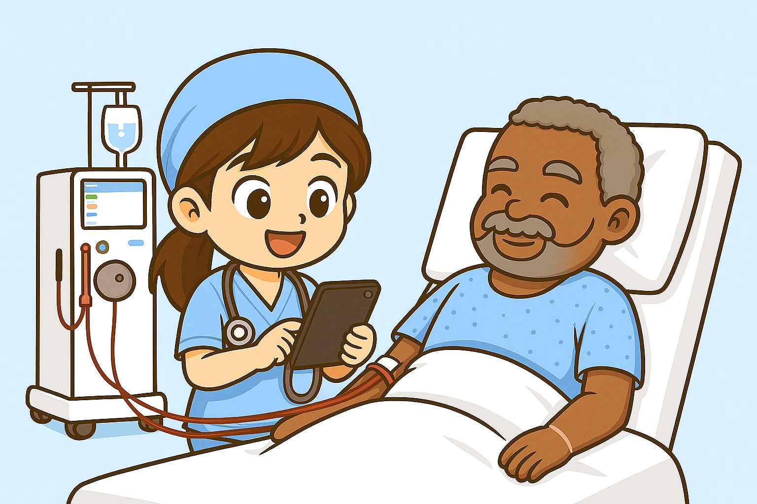 A chibi-style Asian female nurse caring for a dialysis patient in an Australian hospital
