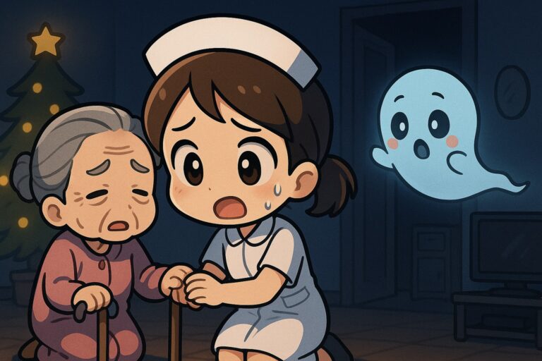 spooky ghost encounter in an aged care facility at night, featuring AtomDekNurse character and an elderly resident with dementia.