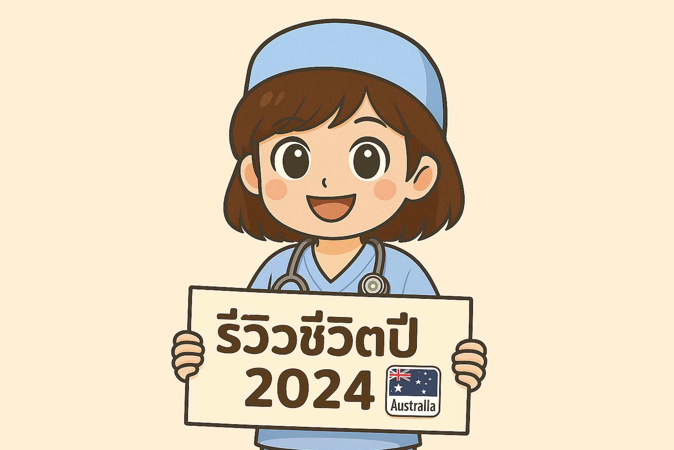 ภาพการ์ตูนพยาบาลอะตอมเด็กเนิร์ส ชูมือ พร้อมข้อความ "รีวิวชีวิตปี 2024 ปีที่ได้มาเป็นนักเรียนนอกที่ออสเตรเลีย"