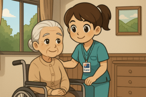Carer ดูแลผู้สูงอายุในออสเตรเลียขณะพูดคุยกับผู้ป่วยในรถเข็น