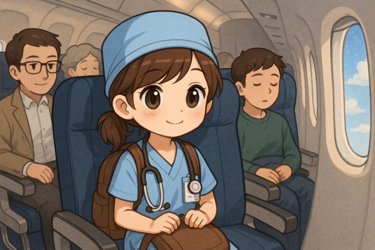 Chibi-style illustration of a Travel Nurse sitting on an airplane with other passengers, depicting a journey to a rural placement